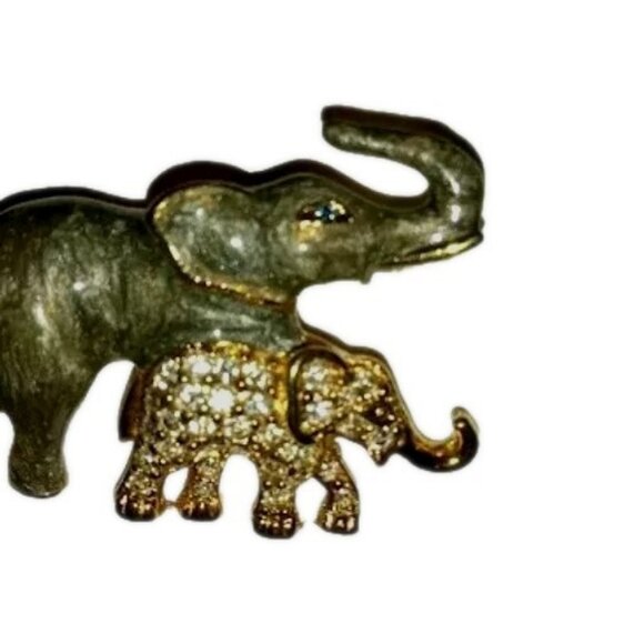 JACKIE ORR Vintage Brooch Mother & Baby Elephants Gold Tone Rhinestones Enamel - Picture 5 of 7